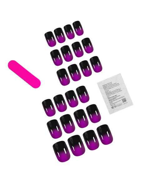 24 Uñas Postizas Cortas Dulyork Negras Moradas Degradado