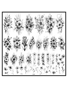Tatuajes Temporales CHARLENT Flor Negra - 9 Hojas Grandes 22.1x15 cm