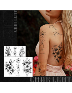 Tatuajes Temporales CHARLENT Flor Negra - 9 Hojas Grandes 22.1x15 cm 2