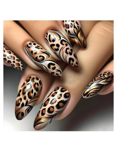 Uñas Postizas Medianas Acrílicas Leopardo 24 Pcs QEYRIYI
