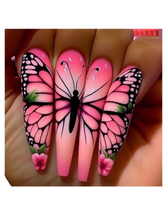 Uñas Postizas Rosadas Mariposa CHAONENG 24 Pcs Acrílicas