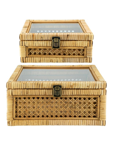 Juego de 2 Cajas Decorativas de Ratán con Tapa de Vidrio - HUAXIN CRAFT H