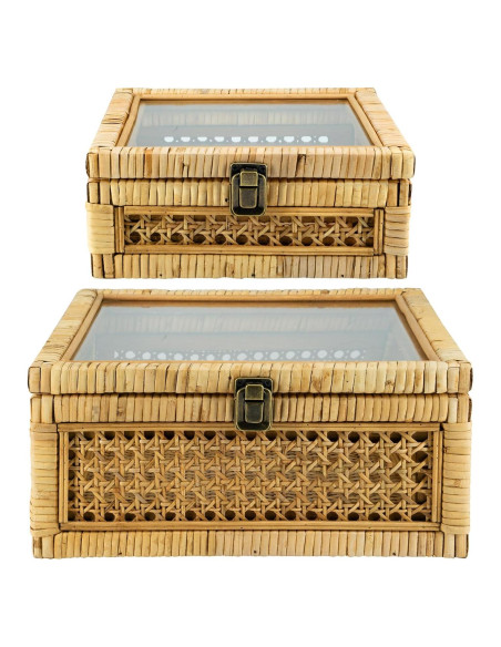 Juego de 2 Cajas Decorativas de Ratán con Tapa de Vidrio - HUAXIN CRAFT H