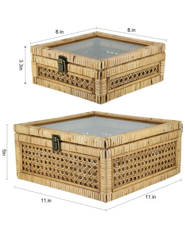 Juego de 2 Cajas Decorativas de Ratán con Tapa de Vidrio - HUAXIN CRAFT H