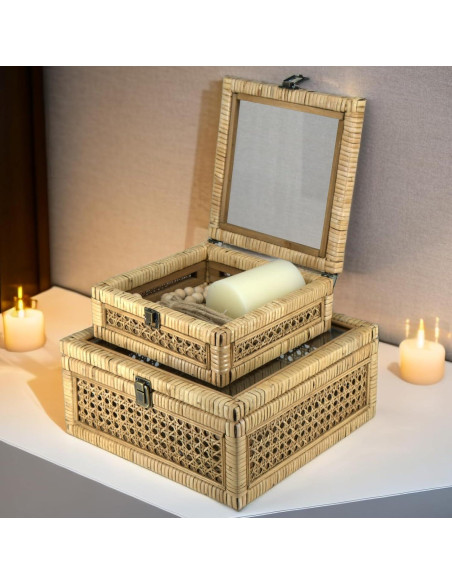 Juego de 2 Cajas Decorativas de Ratán con Tapa de Vidrio - HUAXIN CRAFT H