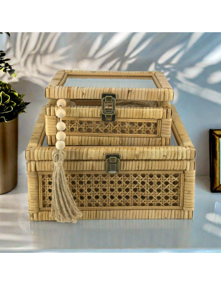 Juego de 2 Cajas Decorativas de Ratán con Tapa de Vidrio - HUAXIN CRAFT H