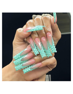 Uñas Postizas Largas Coffin Francesas Verdes 3D - FOXIIU