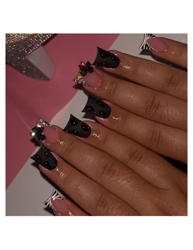 24 Uñas Postizas Cortas Cuadradas YEFIUO con Diseño Lazo