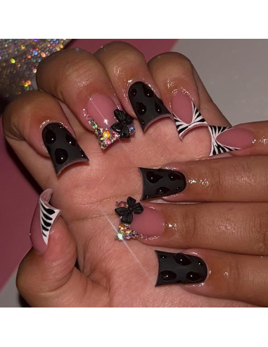 24 Uñas Postizas Cortas Cuadradas YEFIUO con Diseño Lazo