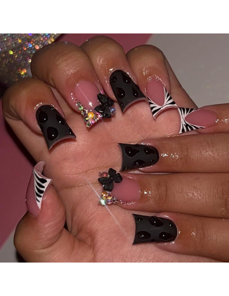 24 Uñas Postizas Cortas Cuadradas YEFIUO con Diseño Lazo