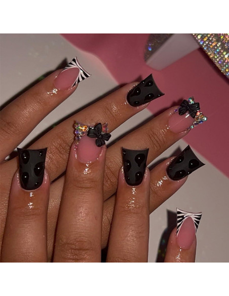 24 Uñas Postizas Cortas Cuadradas YEFIUO con Diseño Lazo