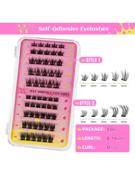 Pestañas Autoadhesivas WLFRHD 55 Pcs 8-16mm Reutilizables