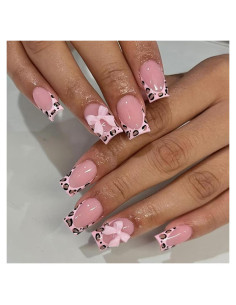 Uñas Postizas Medianas Cuadradas FOLONRAL 24Pcs Diseño Lazo 3D