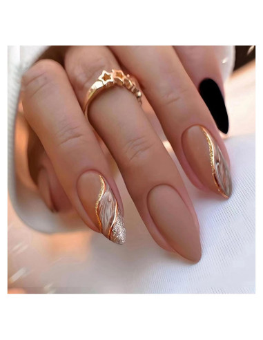 24 Uñas Postizas Almendra AROVFAM Brillo Marrón y Dorado