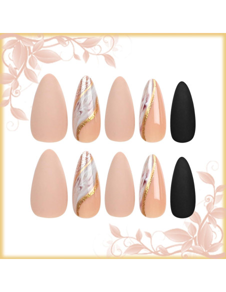 24 Uñas Postizas Almendra AROVFAM Brillo Marrón y Dorado