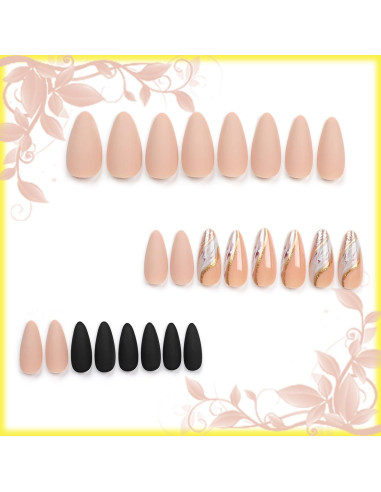 24 Uñas Postizas Almendra AROVFAM Brillo Marrón y Dorado