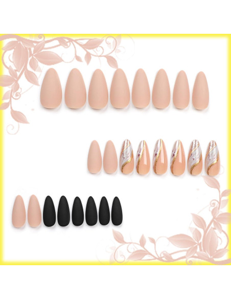 24 Uñas Postizas Almendra AROVFAM Brillo Marrón y Dorado