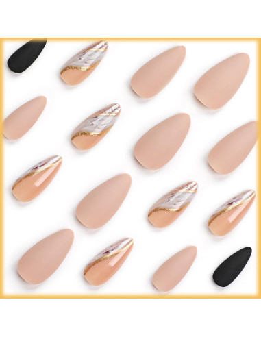 24 Uñas Postizas Almendra AROVFAM Brillo Marrón y Dorado