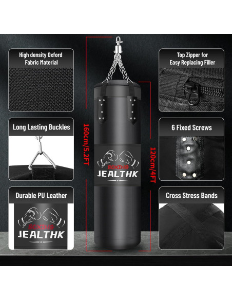 Bolsa de Boxeo Jealthk 4FT + Guantes 12OZ + Accesorios