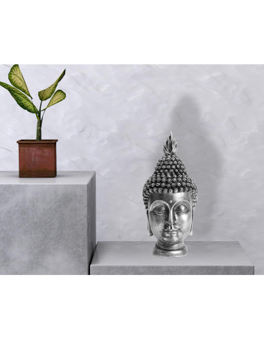 Estatua de Cabeza de Buda AMOIENSIS Plateada Antigua 28 cm