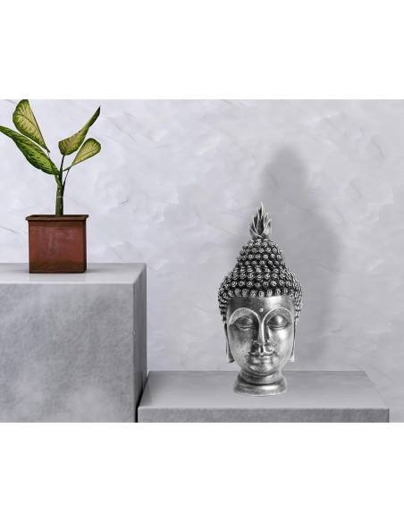 Estatua de Cabeza de Buda AMOIENSIS Plateada Antigua 28 cm
