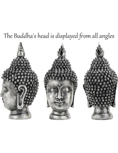Estatua de Cabeza de Buda AMOIENSIS Plateada Antigua 28 cm