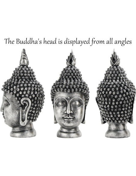 Estatua de Cabeza de Buda AMOIENSIS Plateada Antigua 28 cm