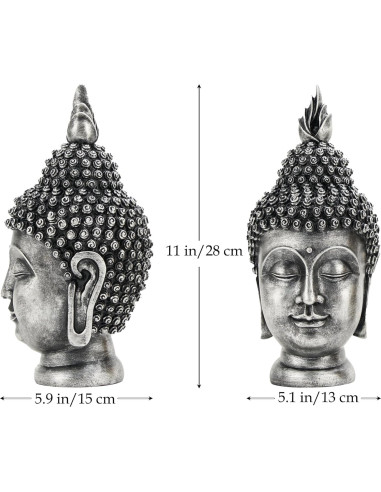 Estatua de Cabeza de Buda AMOIENSIS Plateada Antigua 28 cm
