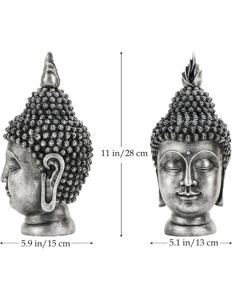 Estatua de Cabeza de Buda AMOIENSIS Plateada Antigua 28 cm