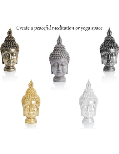 Estatua de Cabeza de Buda AMOIENSIS Plateada Antigua 28 cm