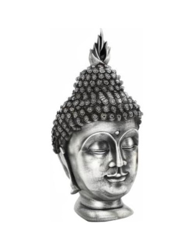 Estatua de Cabeza de Buda AMOIENSIS Plateada Antigua 28 cm