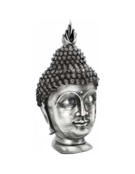 Estatua de Cabeza de Buda AMOIENSIS Plateada Antigua 28 cm