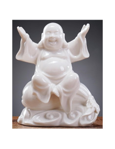 Estatua de Buda Risueño Blanca de Cerámica 11.3 cm para Buena Suerte
