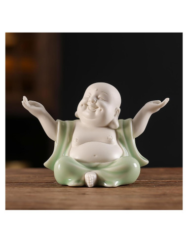 Estatua de Buda Riendo Verde Cerámica 9.4 cm Houlu Decoración