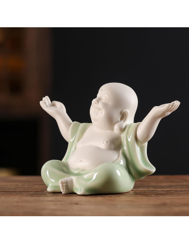 Estatua de Buda Riendo Verde Cerámica 9.4 cm Houlu Decoración
