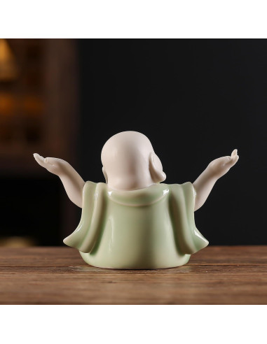 Estatua de Buda Riendo Verde Cerámica 9.4 cm Houlu Decoración