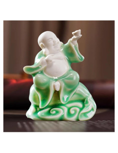 Estatua de Buda Risueño de Cerámica Verde 11.3 cm para Buena Suerte