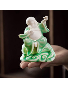 Estatua de Buda Risueño de Cerámica Verde 11.3 cm para Buena Suerte 2