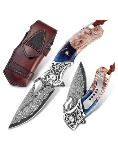 Cuchillo Plegable VNLA Damasco 67 Capas con Funda de Cuero