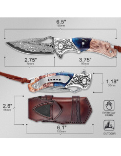 Cuchillo Plegable VNLA Damasco 67 Capas con Funda de Cuero 2
