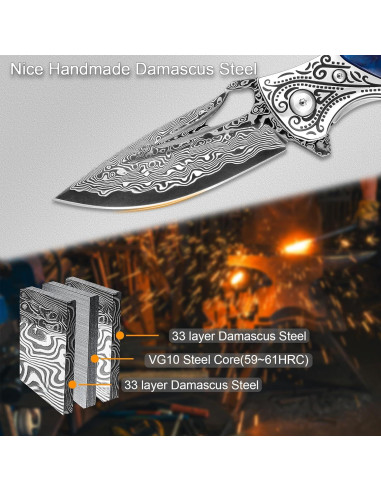 Cuchillo Plegable VNLA Damasco 67 Capas con Funda de Cuero