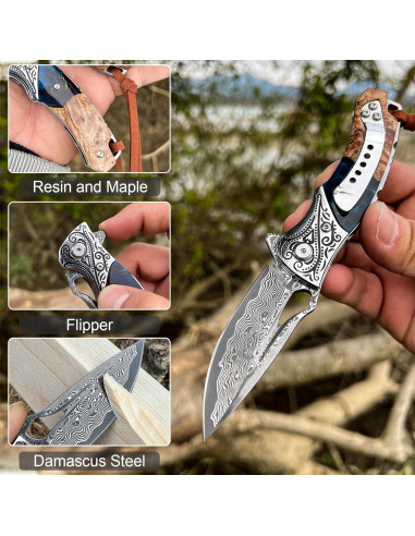 Cuchillo Plegable VNLA Damasco 67 Capas con Funda de Cuero