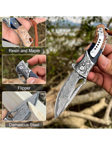 Cuchillo Plegable VNLA Damasco 67 Capas con Funda de Cuero