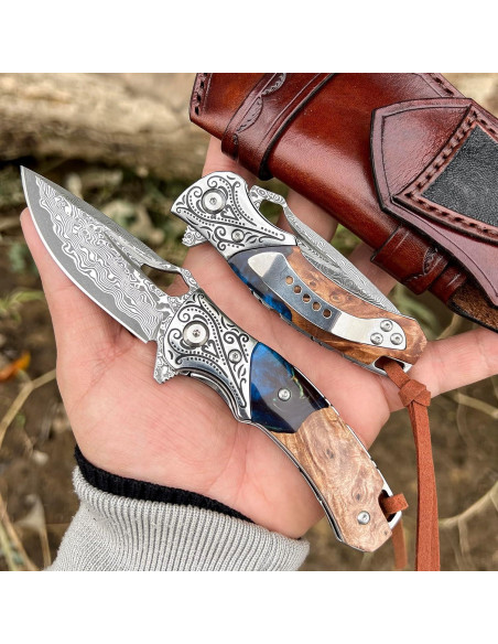 Cuchillo Plegable VNLA Damasco 67 Capas con Funda de Cuero