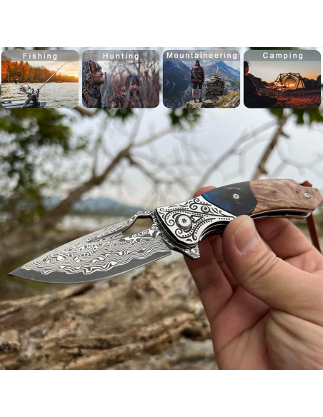 Cuchillo Plegable VNLA Damasco 67 Capas con Funda de Cuero