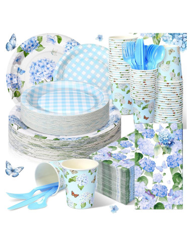 Juego de Platos y Servilletas de Papel Sinmoe 400 Pcs Hortensia