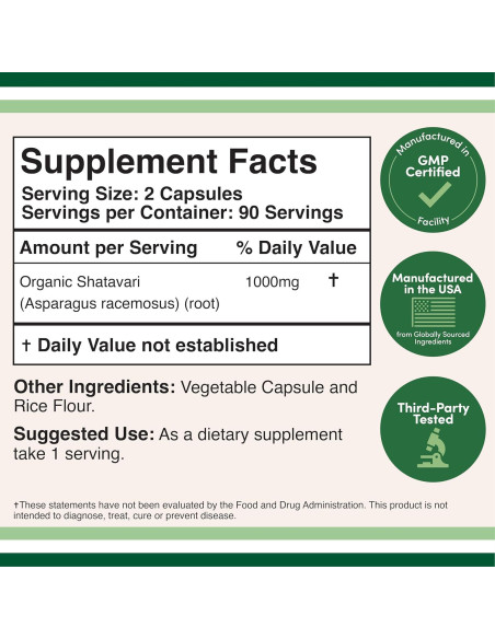 Cápsulas de Shatavari Orgánico Double Wood - 1000mg, 180 Unidades