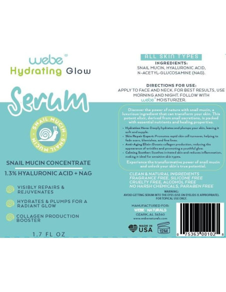 Suero Hidratante WEBE Naturals Mucina de Caracol 94% 81g Suero Hidratante WEBE Naturals Mucina de Caracol 94% 81g