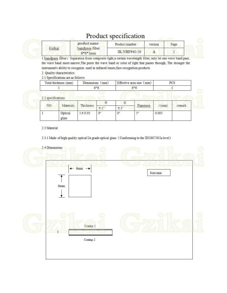 Filtro Óptico 940nm Gzikai 6x6mm para Cámara y Reconocimiento Facial