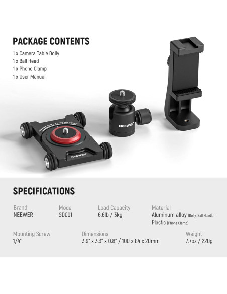 Dolly de Cámara NEEWER SD001 con Cabeza Esférica y Abrazadera Dolly de Cámara NEEWER SD001 con Cabeza Esférica y Abrazadera